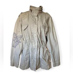 Kensie Army Green Utility Jacket with Floral Embroidery